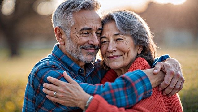 Happy retired couple embracing outdoors